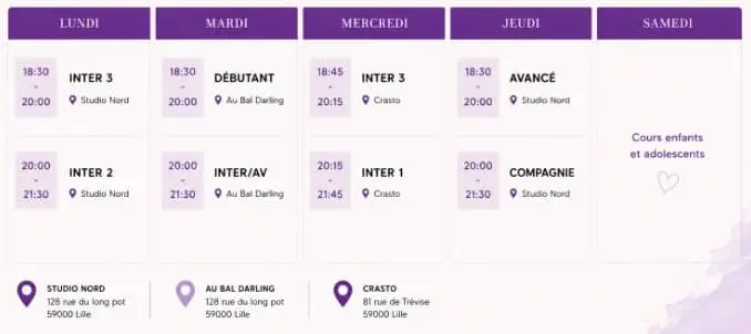 Planning adulte Nord Dance School 2026 2027